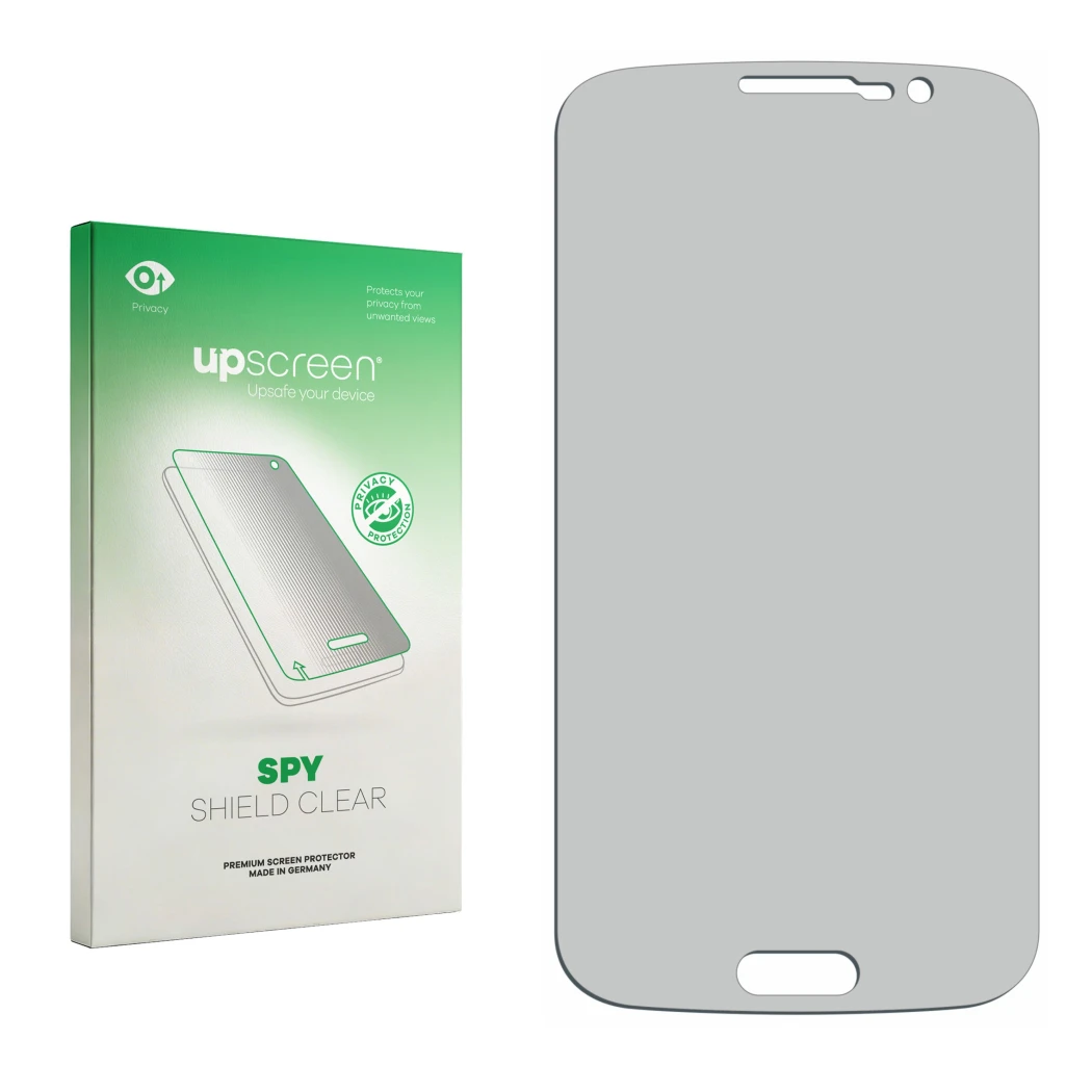 Face avant d’un emballage produit avec le logo de la marque upscreen. À côté se trouve la protection d’écran correspondante.