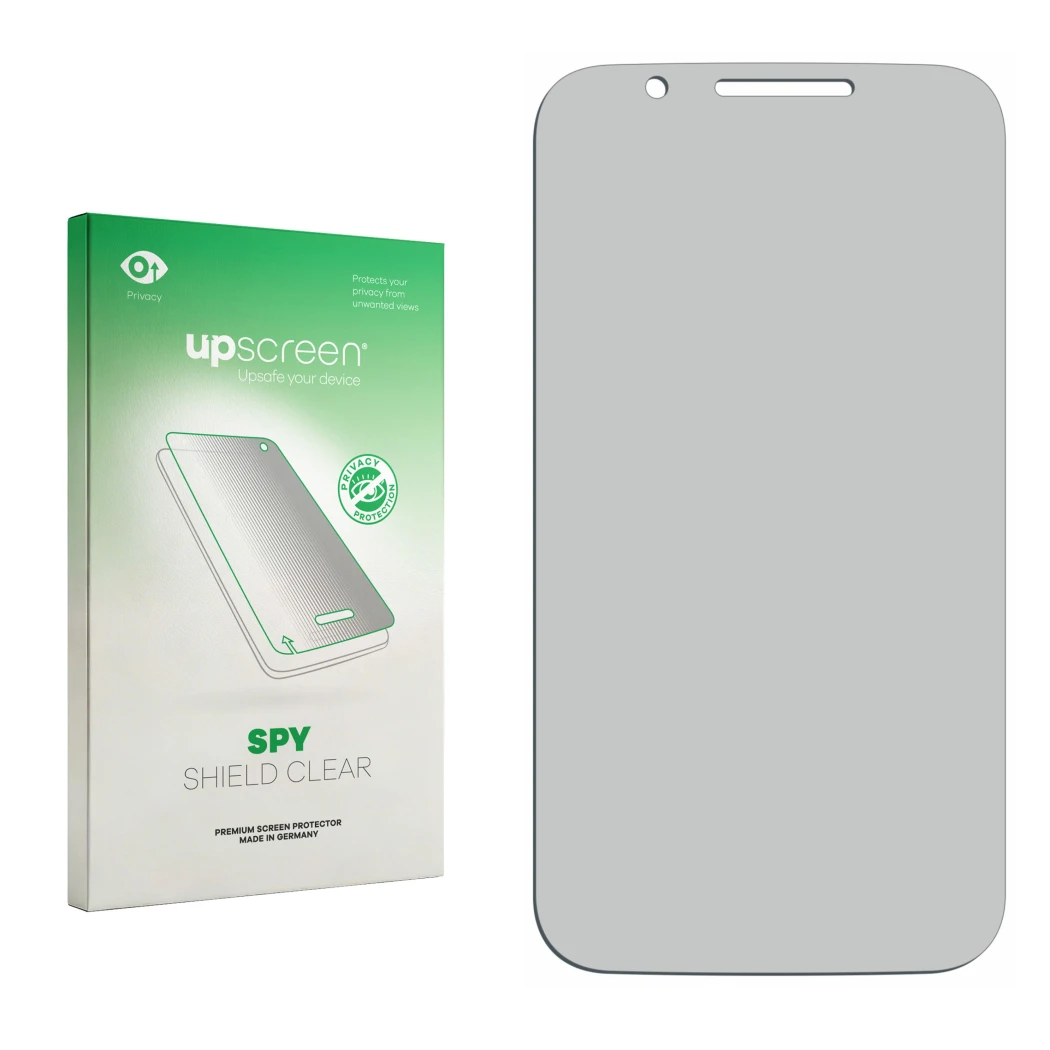 Face avant d’un emballage produit avec le logo de la marque upscreen. À côté se trouve la protection d’écran correspondante.
