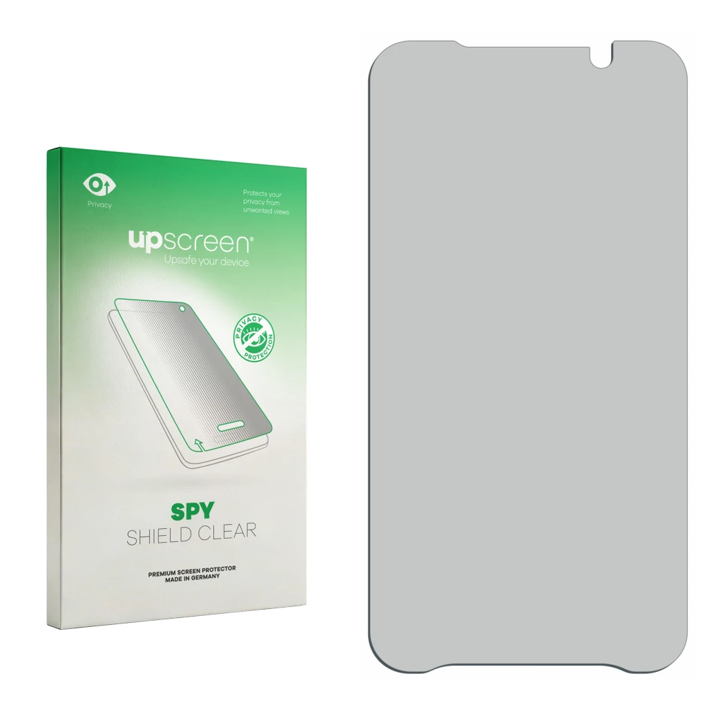 Face avant d’un emballage produit avec le logo de la marque upscreen. À côté se trouve la protection d’écran correspondante.