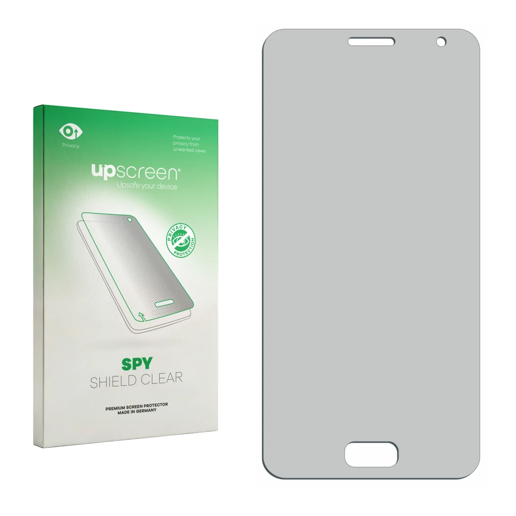 Face avant d’un emballage produit avec le logo de la marque upscreen. À côté se trouve la protection d’écran correspondante.
