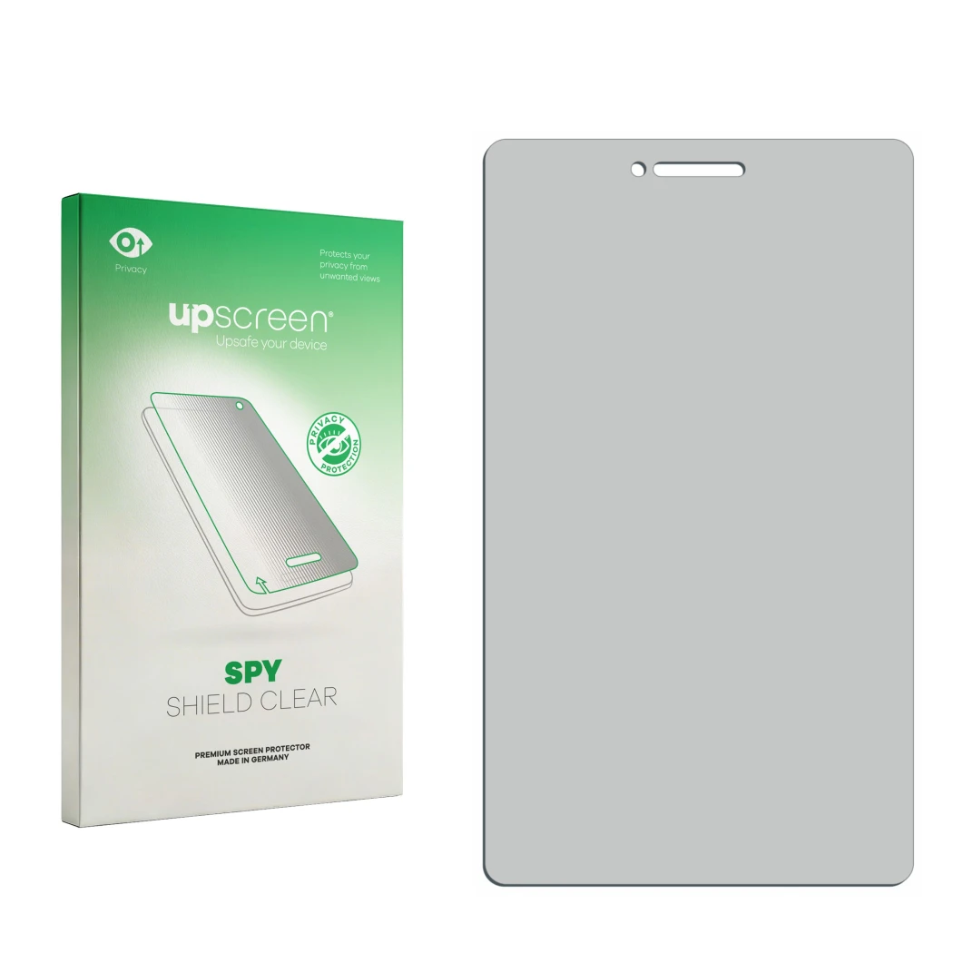 Face avant d’un emballage produit avec le logo de la marque upscreen. À côté se trouve la protection d’écran correspondante.