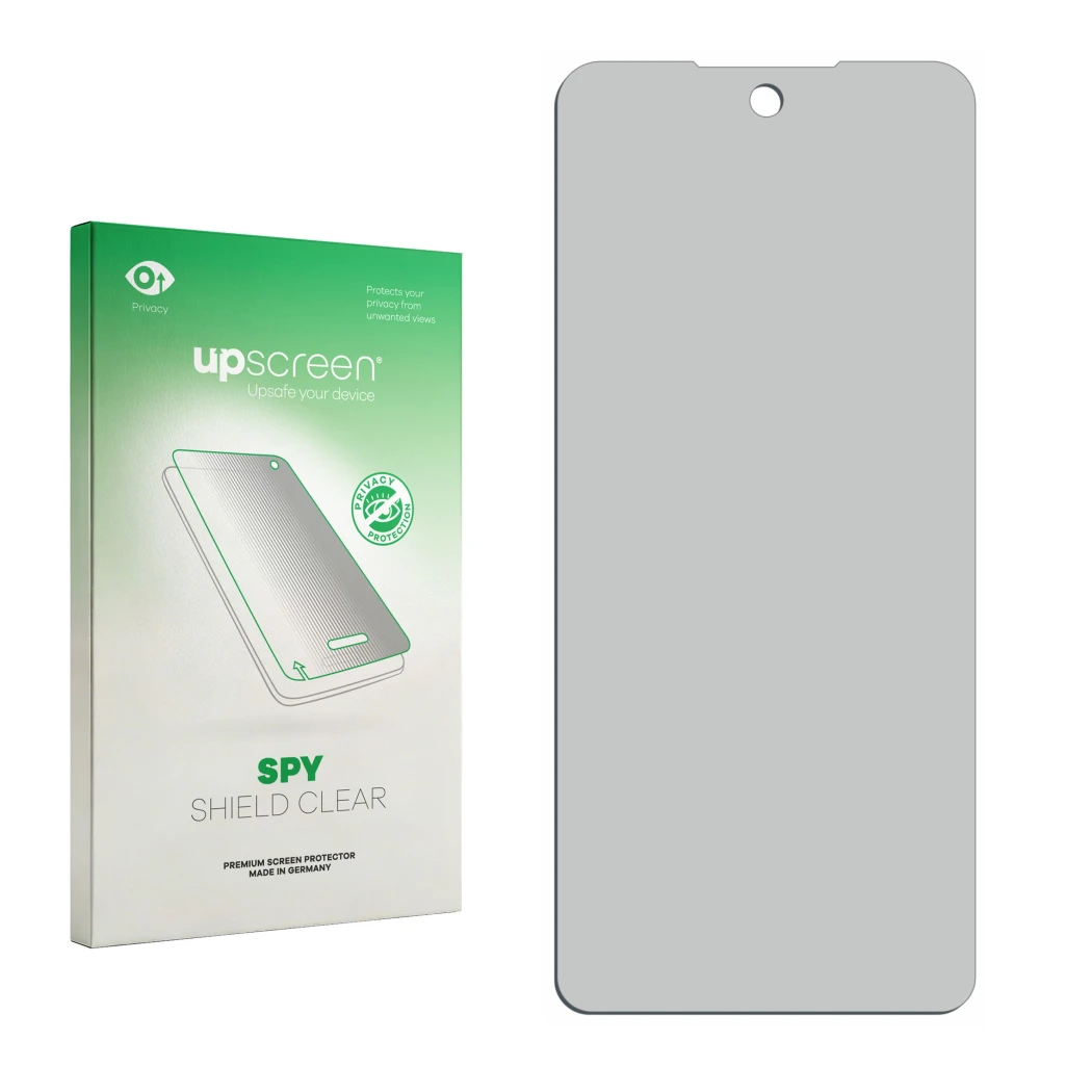 Face avant d’un emballage produit avec le logo de la marque upscreen. À côté se trouve la protection d’écran correspondante.