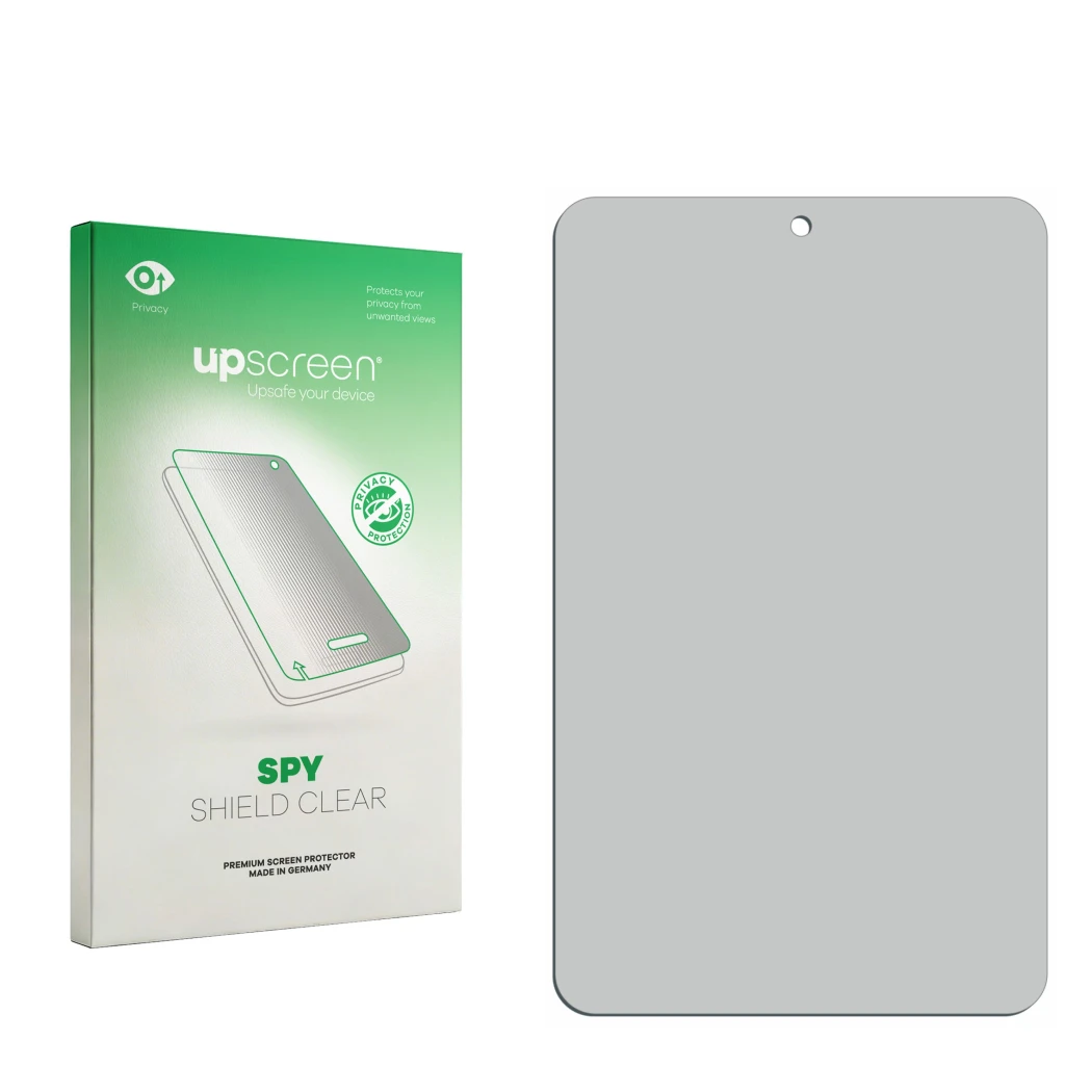 Face avant d’un emballage produit avec le logo de la marque upscreen. À côté se trouve la protection d’écran correspondante.