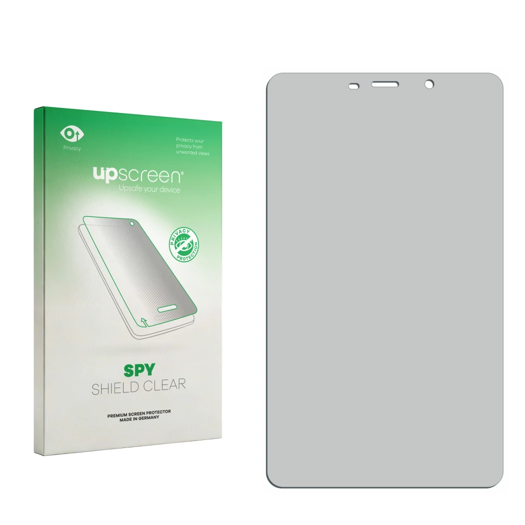 Face avant d’un emballage produit avec le logo de la marque upscreen. À côté se trouve la protection d’écran correspondante.