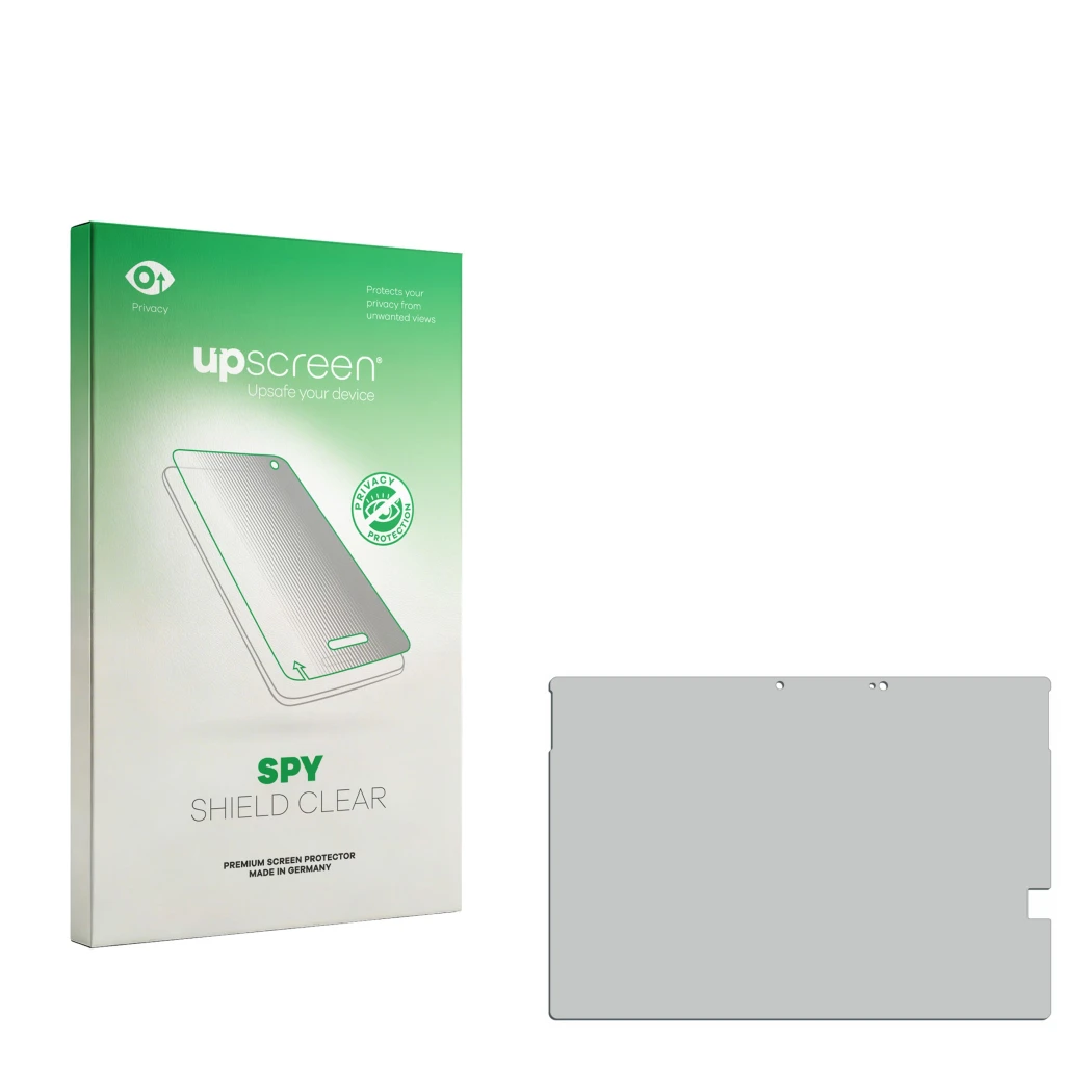 Face avant d’un emballage produit avec le logo de la marque upscreen. À côté se trouve la protection d’écran correspondante.