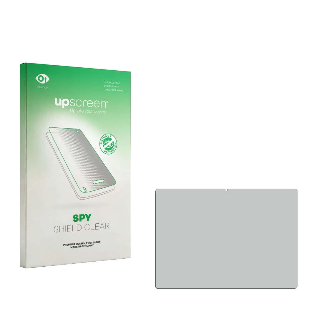Face avant d’un emballage produit avec le logo de la marque upscreen. À côté se trouve la protection d’écran correspondante.