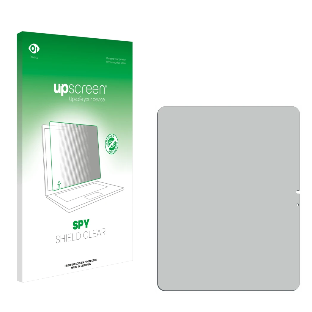 Face avant d’un emballage produit avec le logo de la marque upscreen. À côté se trouve la protection d’écran correspondante.