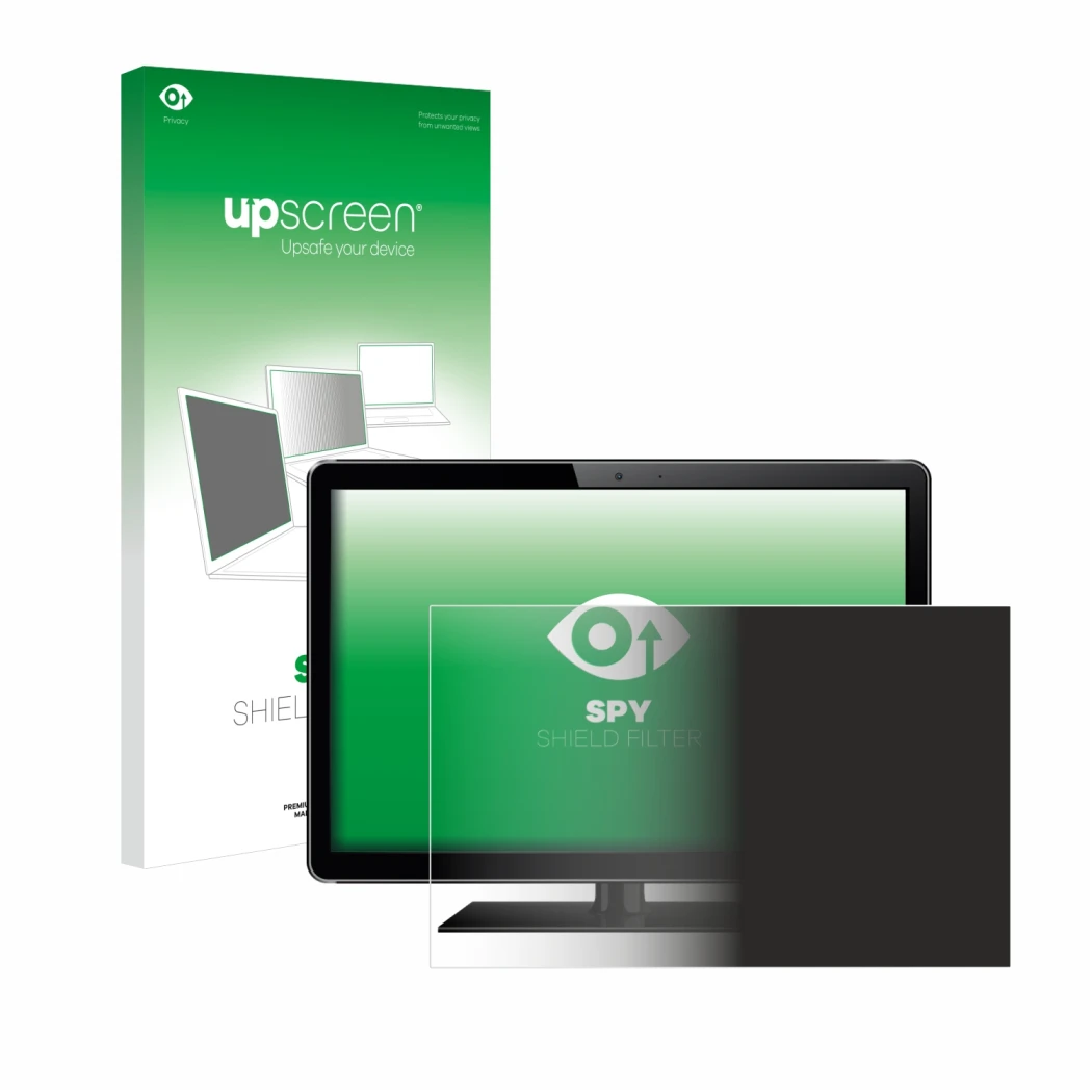 Face avant d’un emballage produit avec le logo de la marque upscreen. À côté, l’appareil est représenté avec la protection d’é