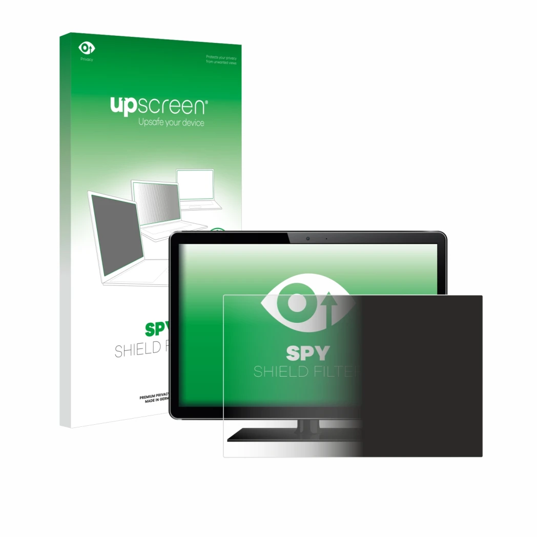 Face avant d’un emballage produit avec le logo de la marque upscreen. À côté, l’appareil est représenté avec la protection d’é
