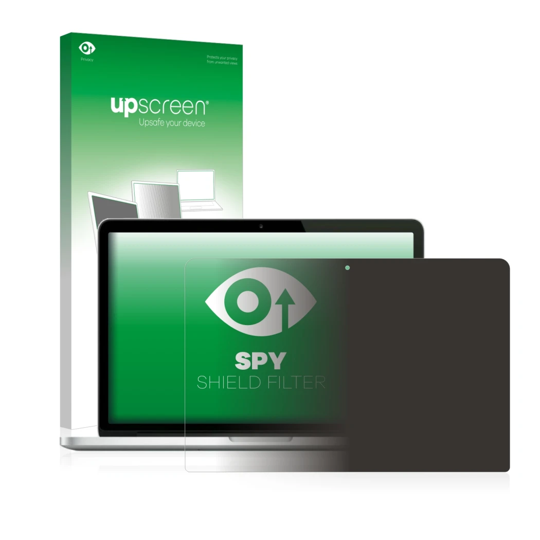 Face avant d’un emballage produit avec le logo de la marque upscreen. À côté, l’appareil Apple MacBook Pro Retina 13