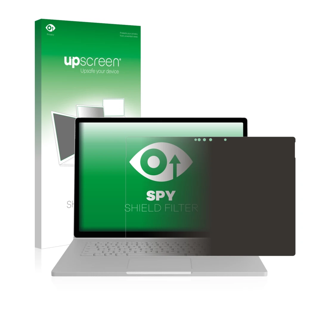 Face avant d’un emballage produit avec le logo de la marque upscreen. À côté, l’appareil Microsoft Surface Book 2 15
