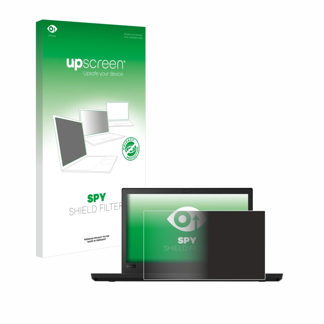 Face avant d’un emballage produit avec le logo de la marque upscreen. À côté, l’appareil Lenovo ThinkPad T480 est représenté a