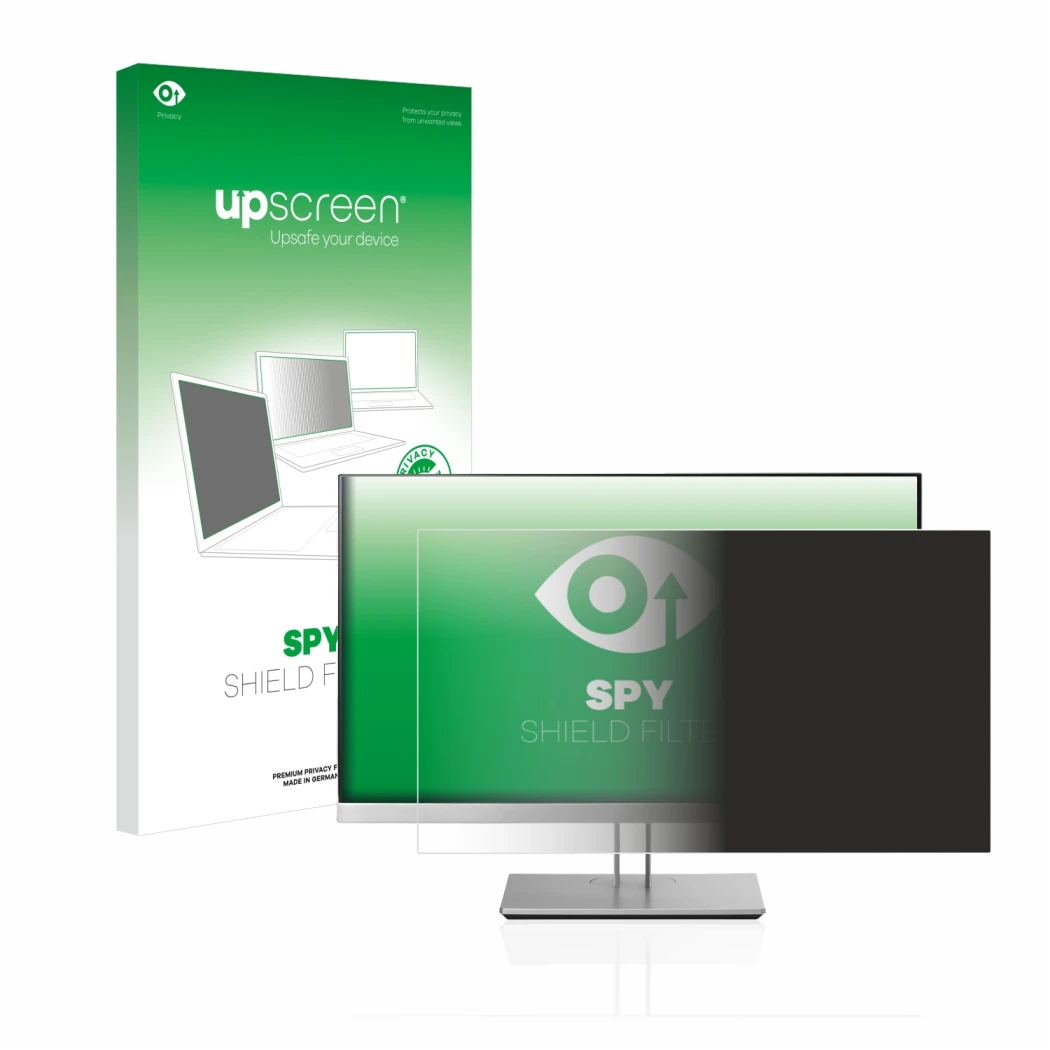 Face avant d’un emballage produit avec le logo de la marque upscreen. À côté, l’appareil HP EliteDisplay E233 est représenté a
