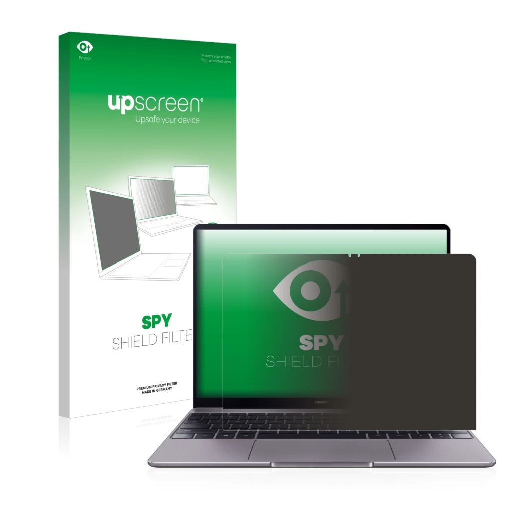 Face avant d’un emballage produit avec le logo de la marque upscreen. À côté, l’appareil Huawei MateBook 13 2019 est représent