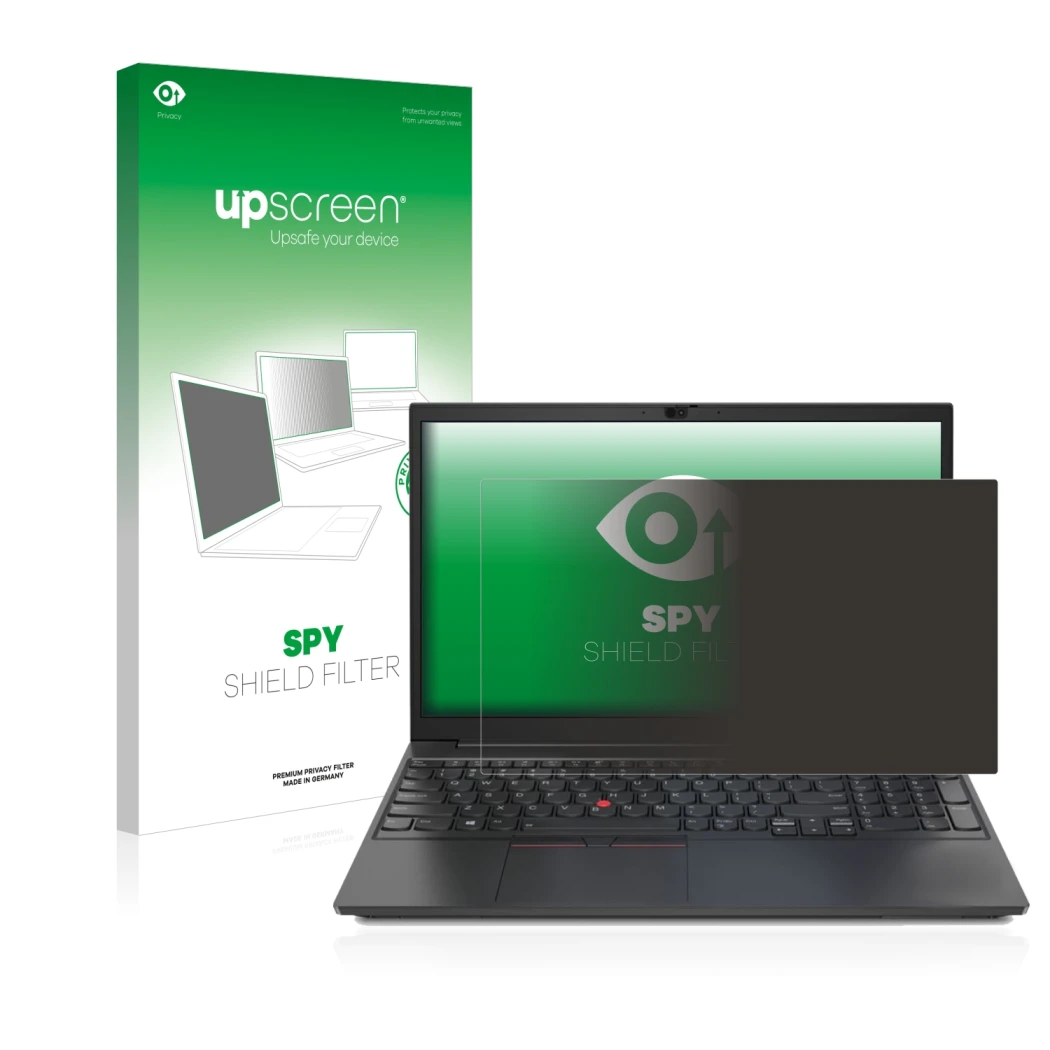 Face avant d’un emballage produit avec le logo de la marque upscreen. À côté, l’appareil Lenovo ThinkPad E15 est représenté av