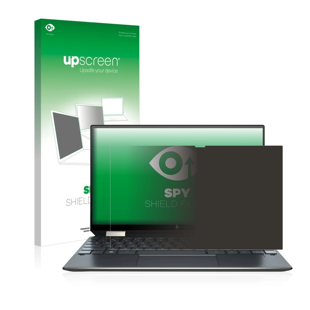 Face avant d’un emballage produit avec le logo de la marque upscreen. À côté, l’appareil HP Spectre x360 13-aw0000ns est repré
