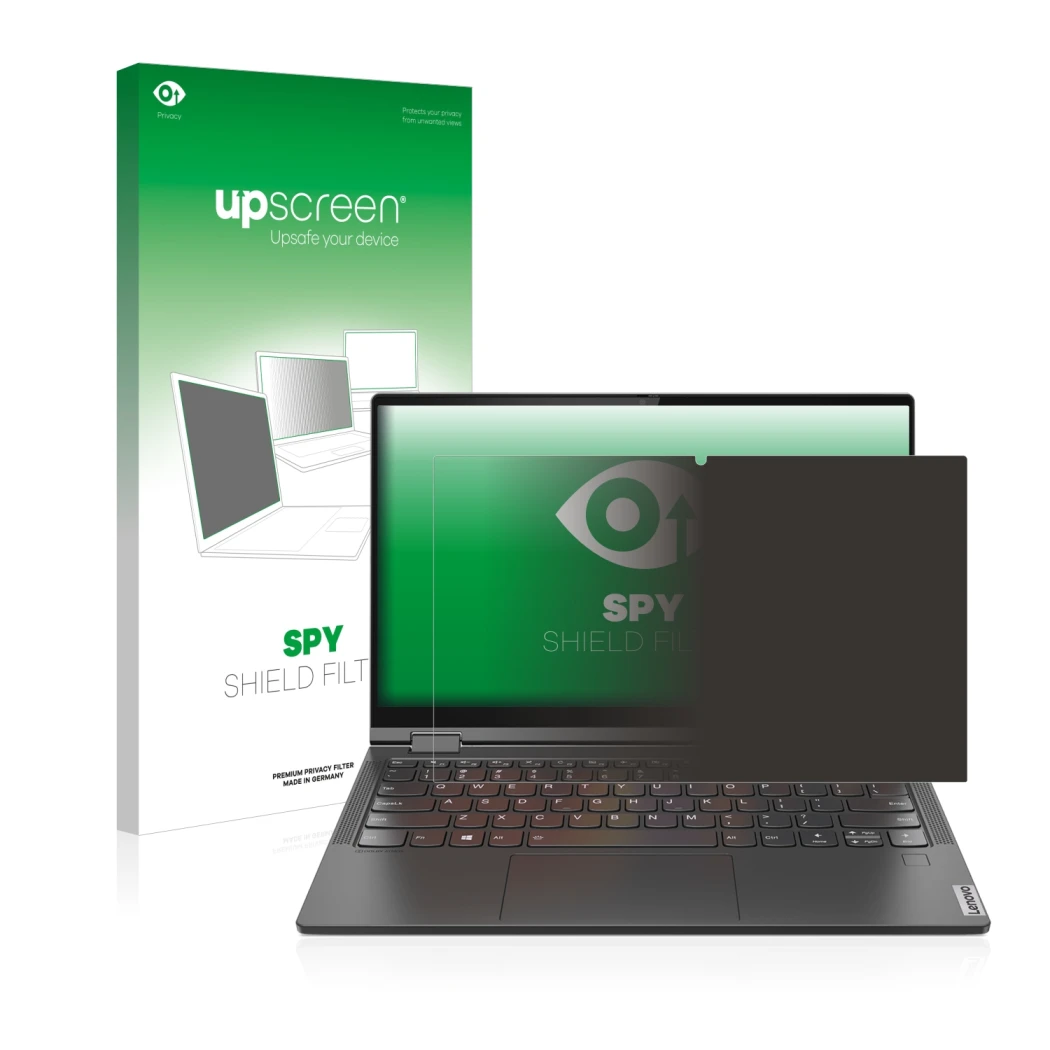 Face avant d’un emballage produit avec le logo de la marque upscreen. À côté, l’appareil Lenovo Yoga C640 est représenté avec