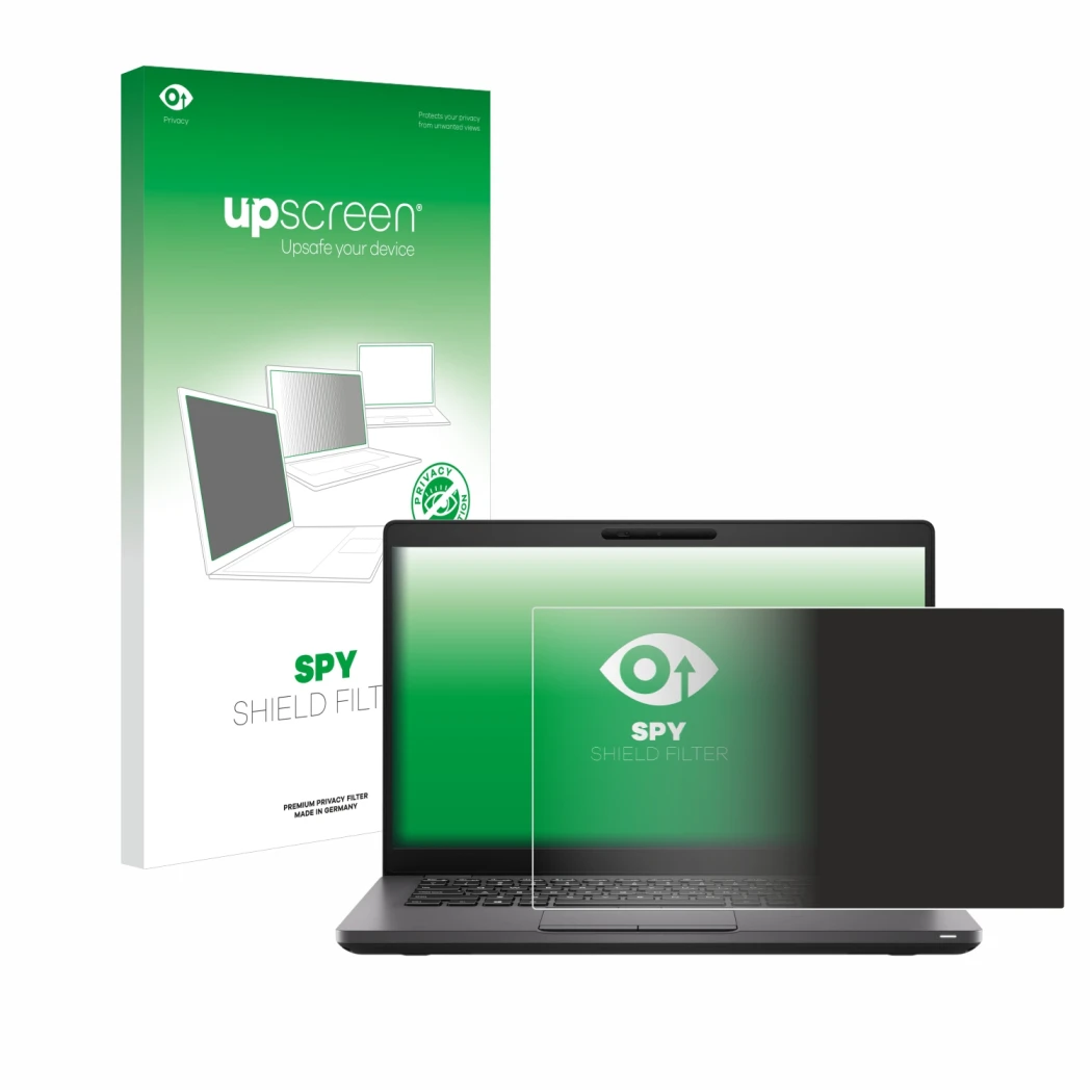 Face avant d’un emballage produit avec le logo de la marque upscreen. À côté, l’appareil Dell Latitude 5400 est représenté ave
