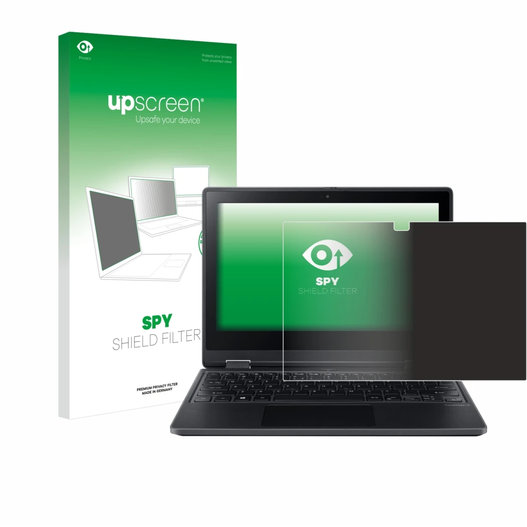 Face avant d’un emballage produit avec le logo de la marque upscreen. À côté, l’appareil Acer TravelMate Spin B3 est représent
