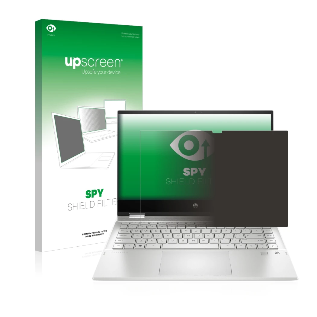 Face avant d’un emballage produit avec le logo de la marque upscreen. À côté, l’appareil HP Pavilion x360 (14-dwX) est représe