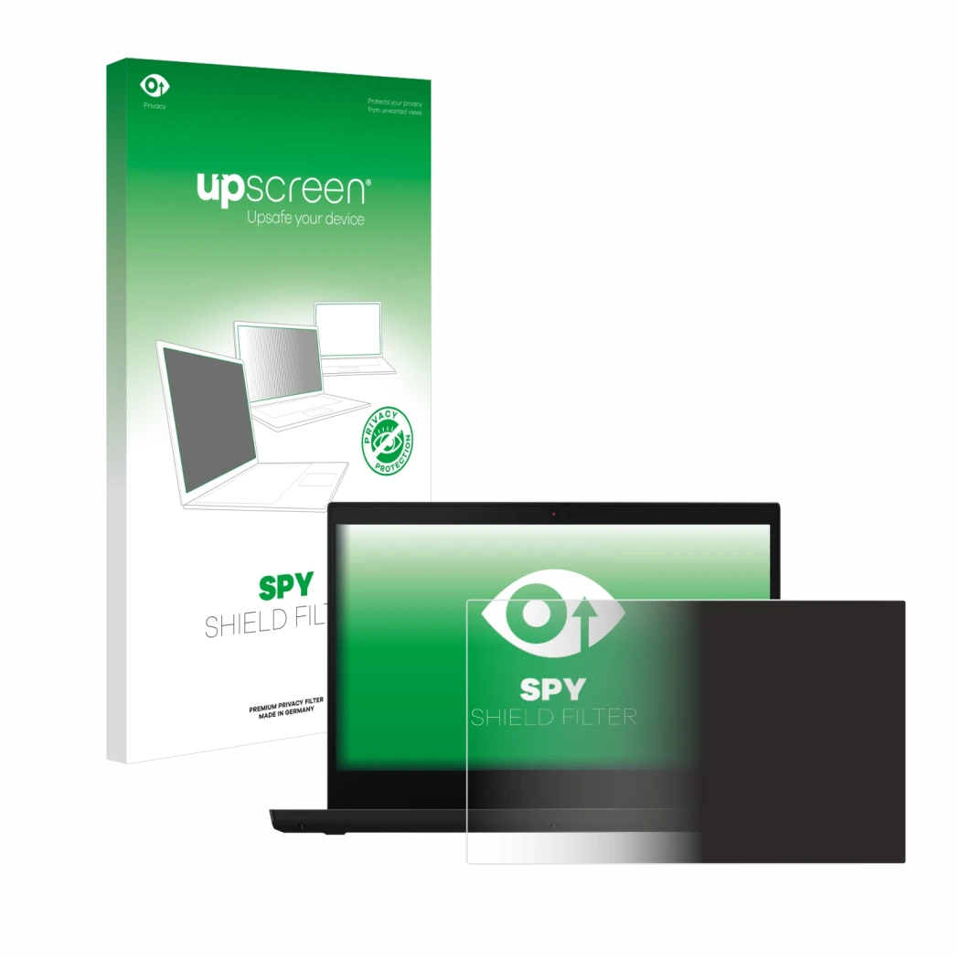 Face avant d’un emballage produit avec le logo de la marque upscreen. À côté, l’appareil Lenovo ThinkPad L14 est représenté av