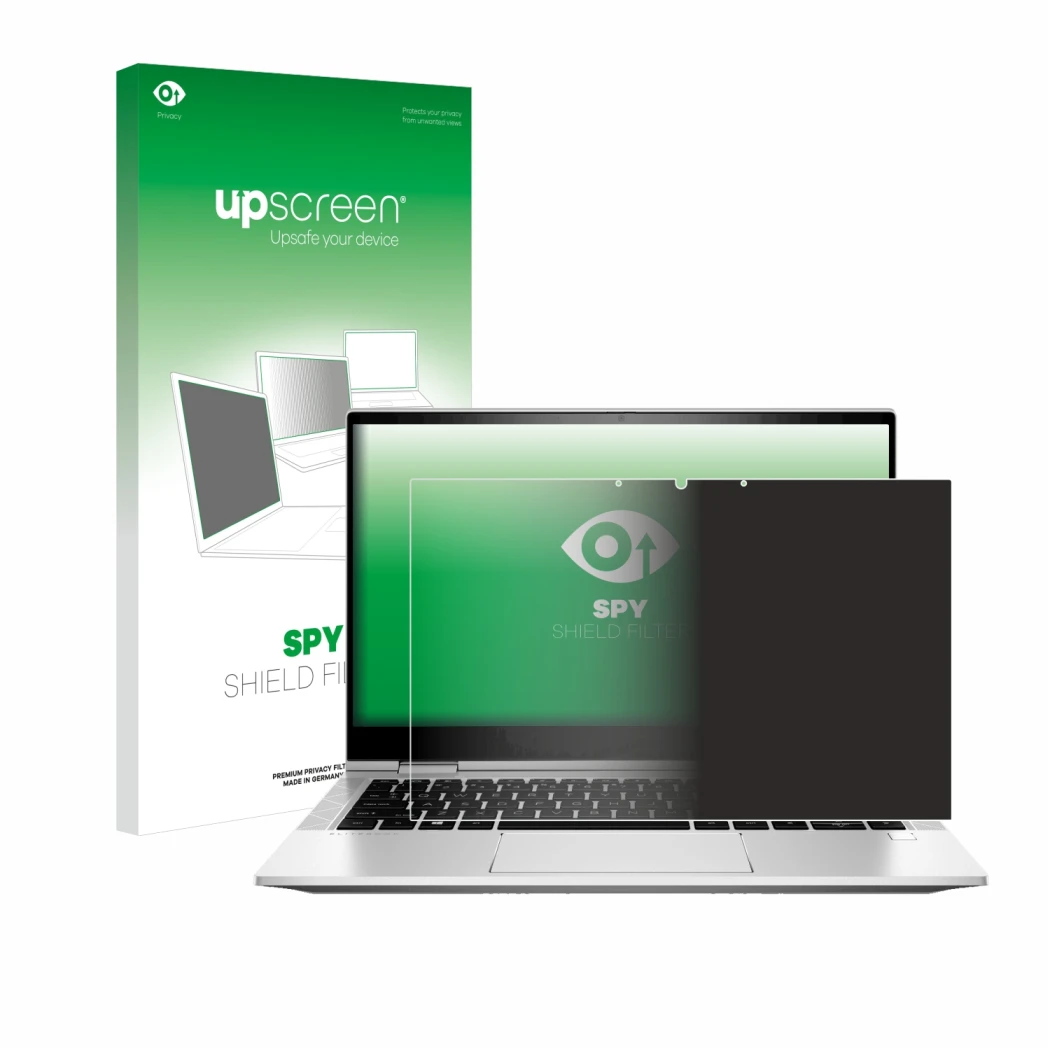 Face avant d’un emballage produit avec le logo de la marque upscreen. À côté, l’appareil HP EliteBook x360 830 G8 est représen