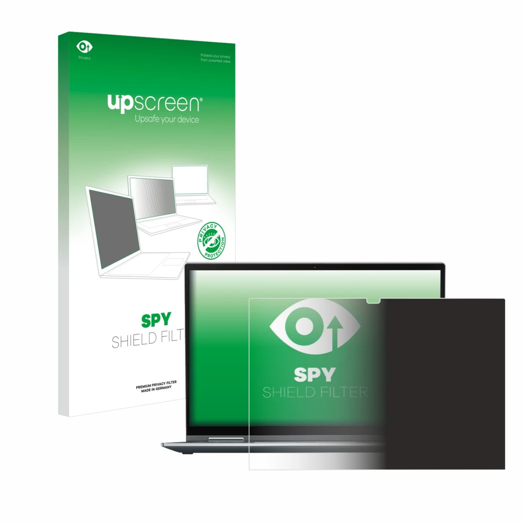 Face avant d’un emballage produit avec le logo de la marque upscreen. À côté, l’appareil Lenovo ThinkPad X1 Yoga (6ème Gen.) e