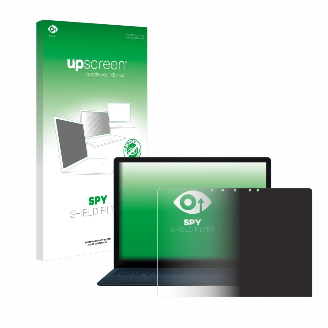 Face avant d’un emballage produit avec le logo de la marque upscreen. À côté, l’appareil Microsoft Surface Laptop 4 13.5