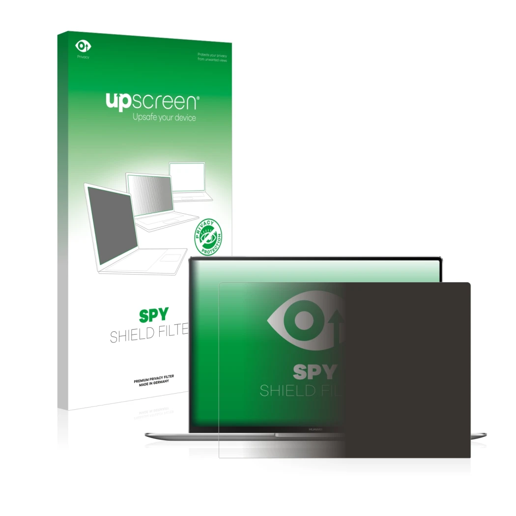 Face avant d’un emballage produit avec le logo de la marque upscreen. À côté, l’appareil Huawei MateBook X Pro 2021 est représ