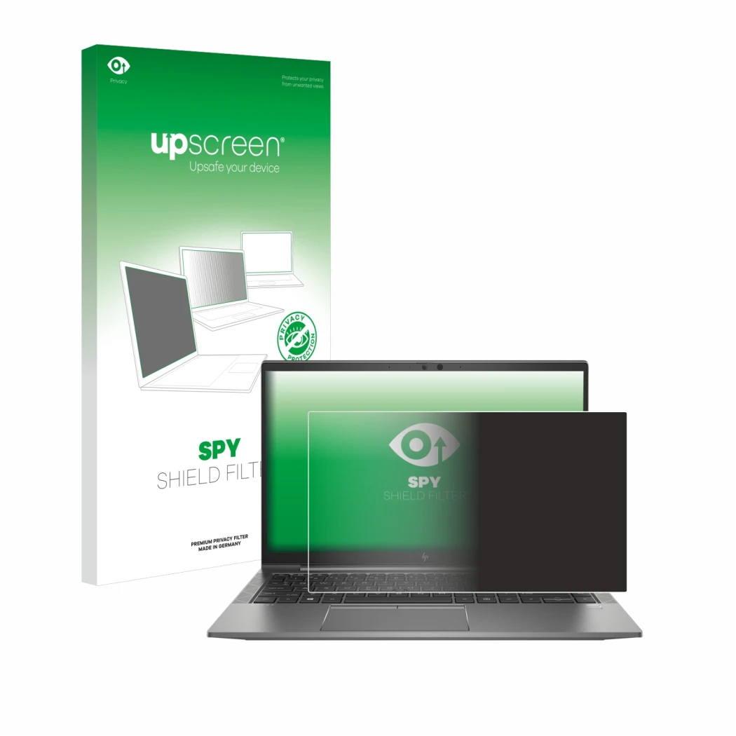 Face avant d’un emballage produit avec le logo de la marque upscreen. À côté, l’appareil HP ZBook Firefly 14 G8 est représenté