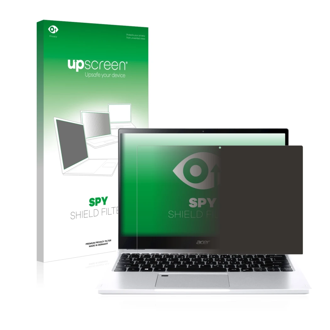 Face avant d’un emballage produit avec le logo de la marque upscreen. À côté, l’appareil Acer Spin 3 SP313-51N est représenté 