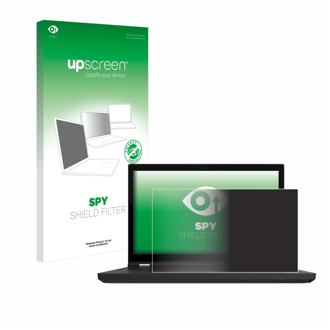 Face avant d’un emballage produit avec le logo de la marque upscreen. À côté, l’appareil Lenovo ThinkPad P15 Gen 2 est représe