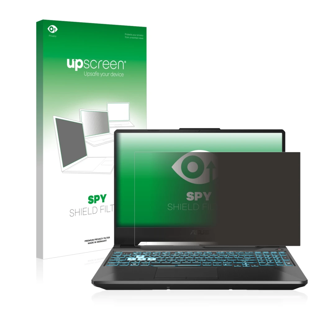 Face avant d’un emballage produit avec le logo de la marque upscreen. À côté, l’appareil ASUS TUF Gaming A15 est représenté av