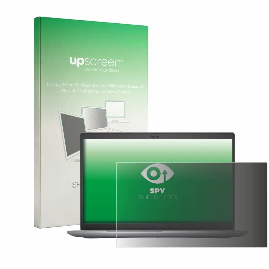 Face avant d’un emballage produit avec le logo de la marque upscreen. À côté, l’appareil Dell Latitude 5520 est représenté ave