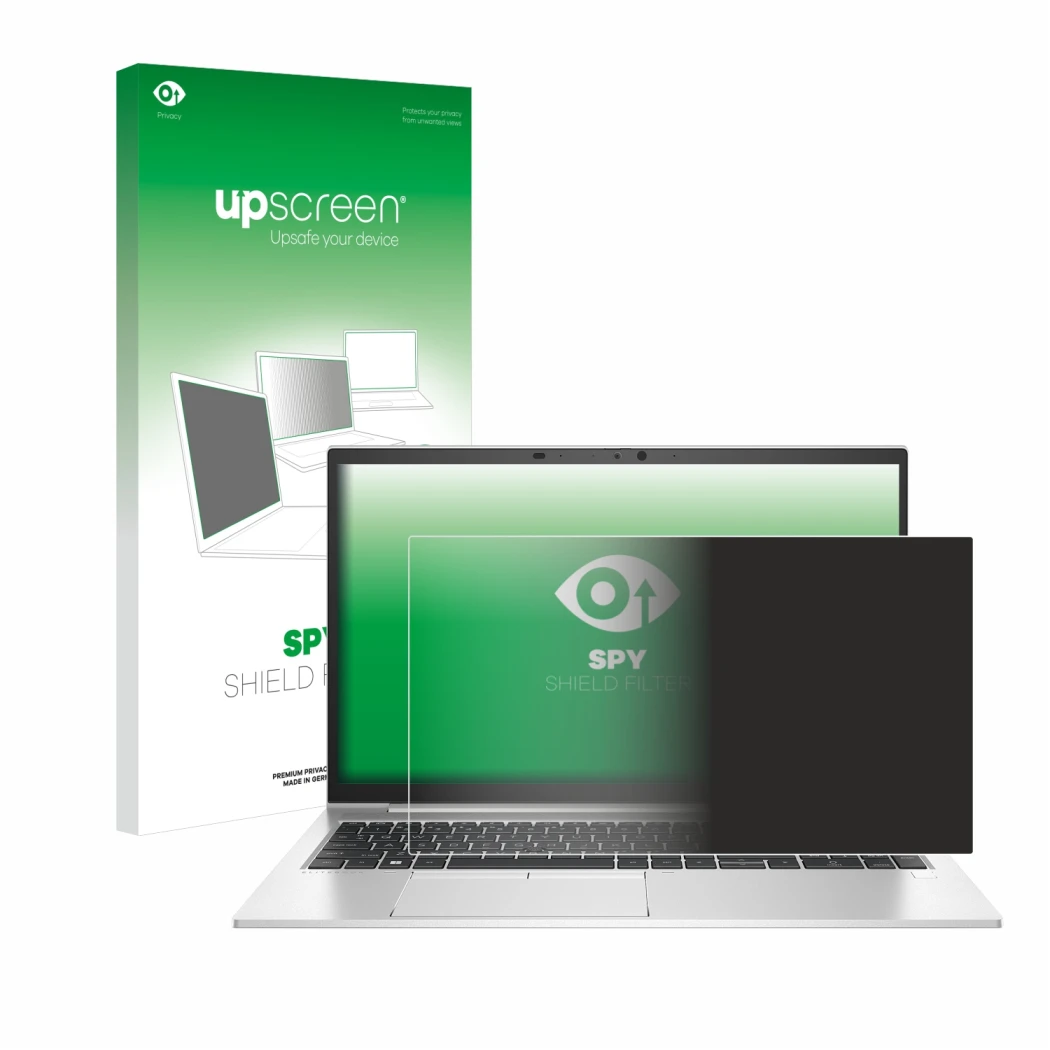 Face avant d’un emballage produit avec le logo de la marque upscreen. À côté, l’appareil HP EliteBook 850 G8 est représenté av