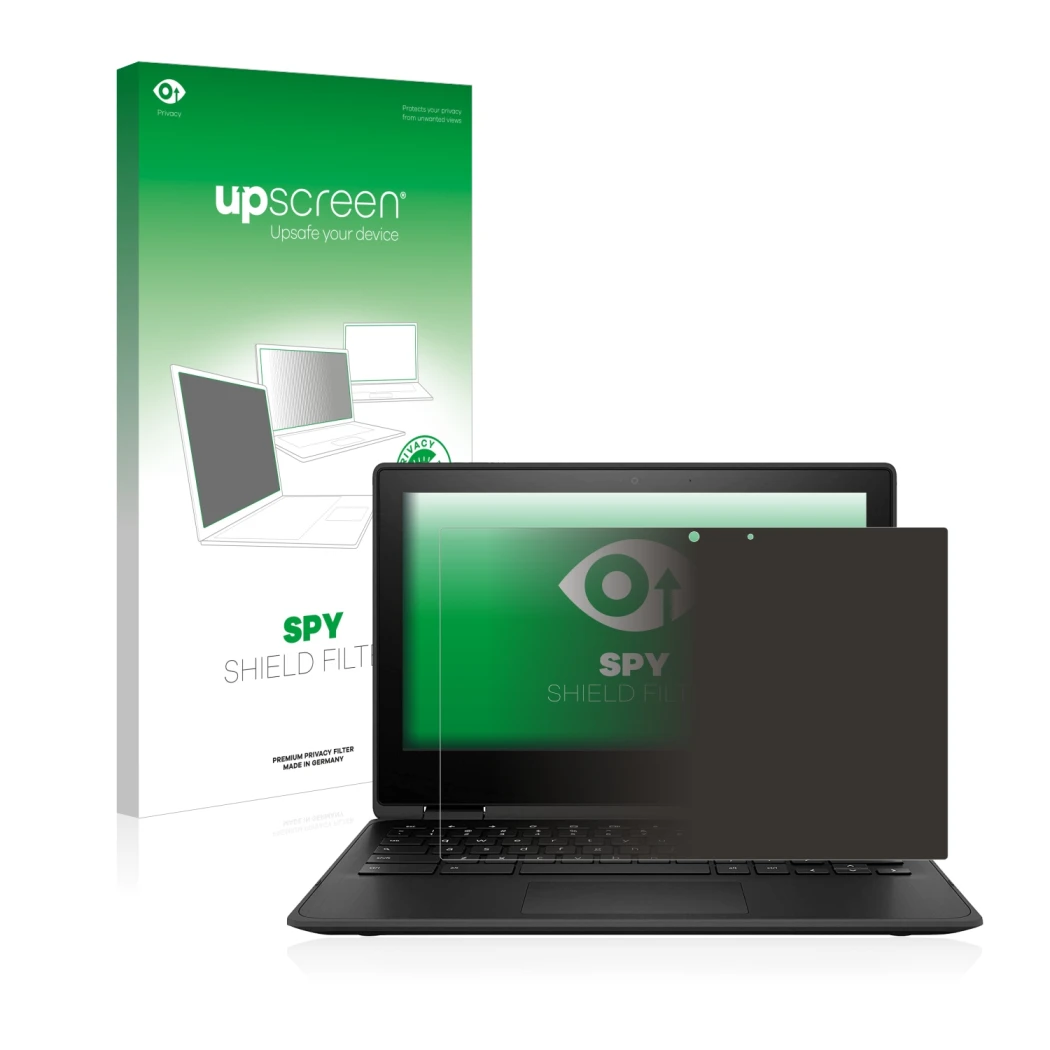 Face avant d’un emballage produit avec le logo de la marque upscreen. À côté, l’appareil HP Chromebook x360 11 G3 est représen