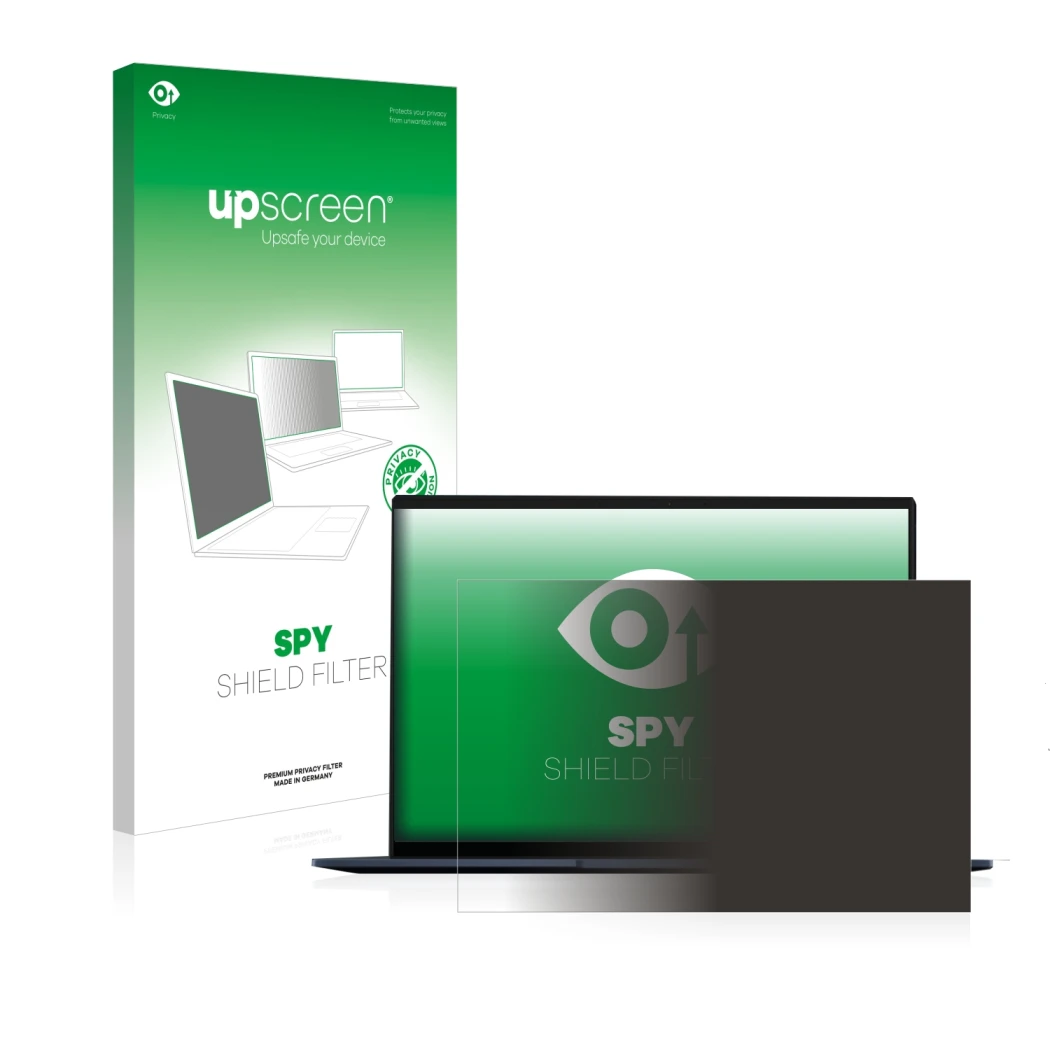 Face avant d’un emballage produit avec le logo de la marque upscreen. À côté, l’appareil ASUS ZenBook 14 OLED est représenté a