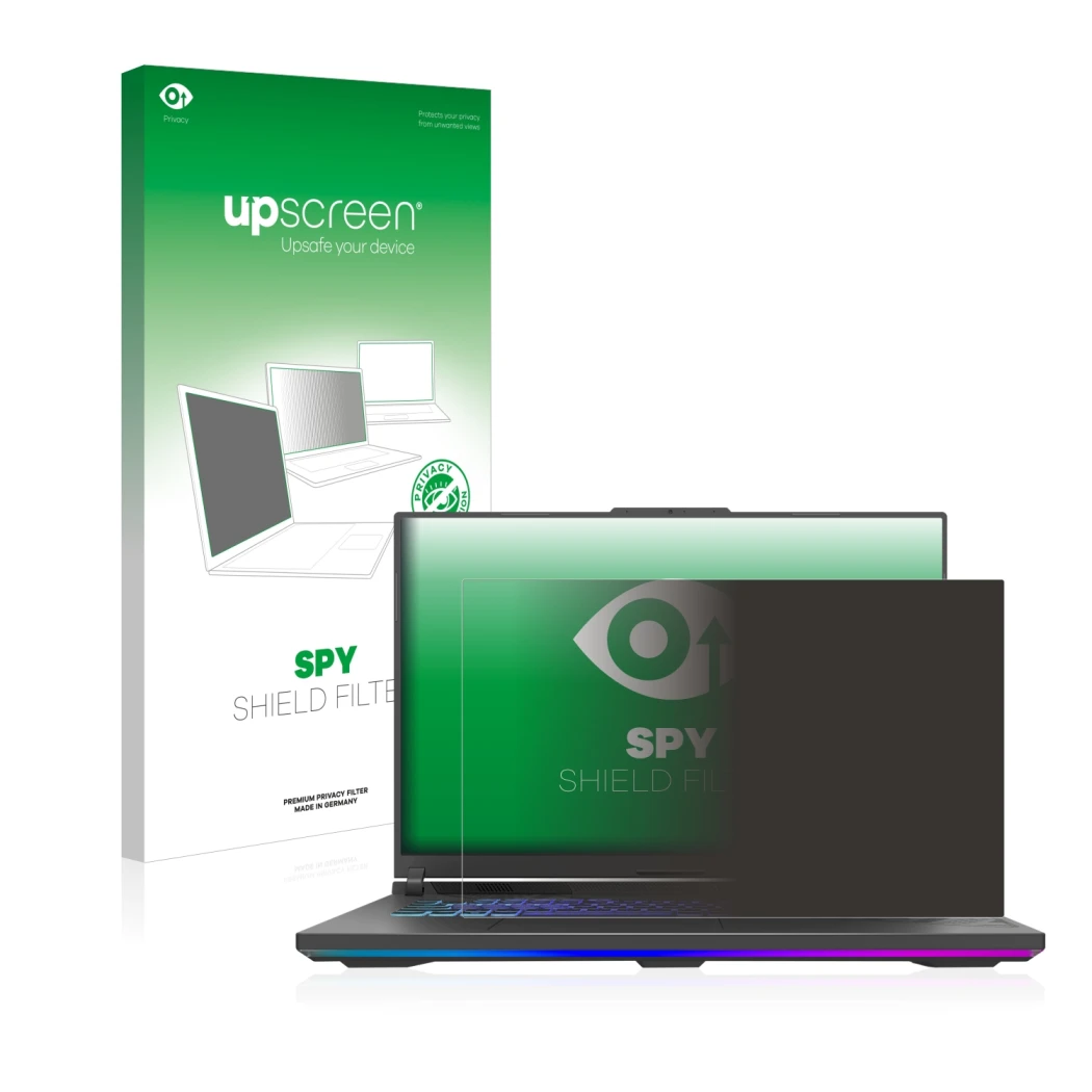 Face avant d’un emballage produit avec le logo de la marque upscreen. À côté, l’appareil ASUS ROG Strix G18 G814 2023 est repr