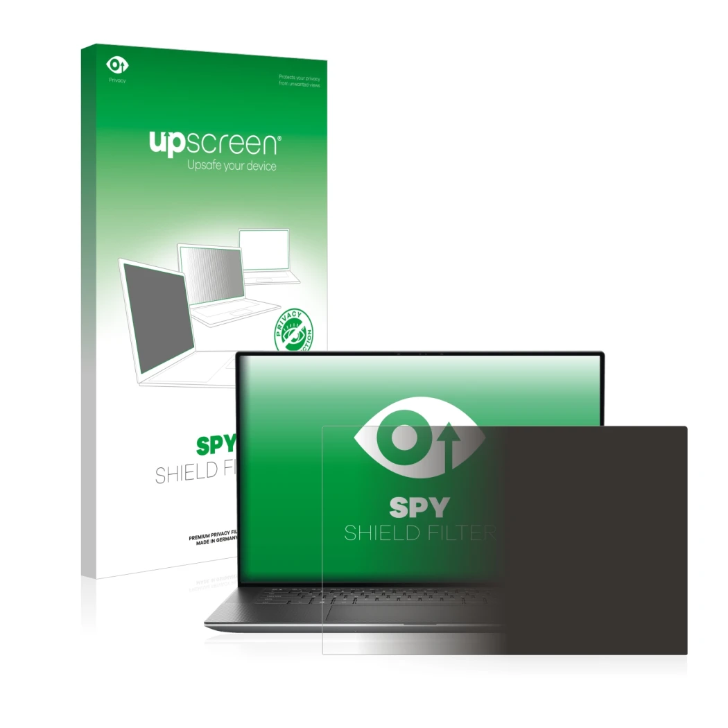 Face avant d’un emballage produit avec le logo de la marque upscreen. À côté, l’appareil Dell Precision 5570 Non-Touch est rep