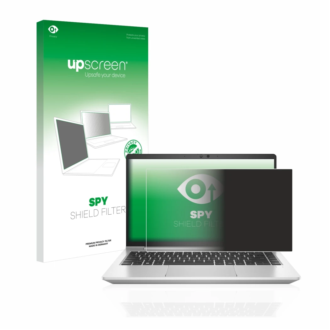 Face avant d’un emballage produit avec le logo de la marque upscreen. À côté, l’appareil HP EliteBook 640 G9 est représenté av