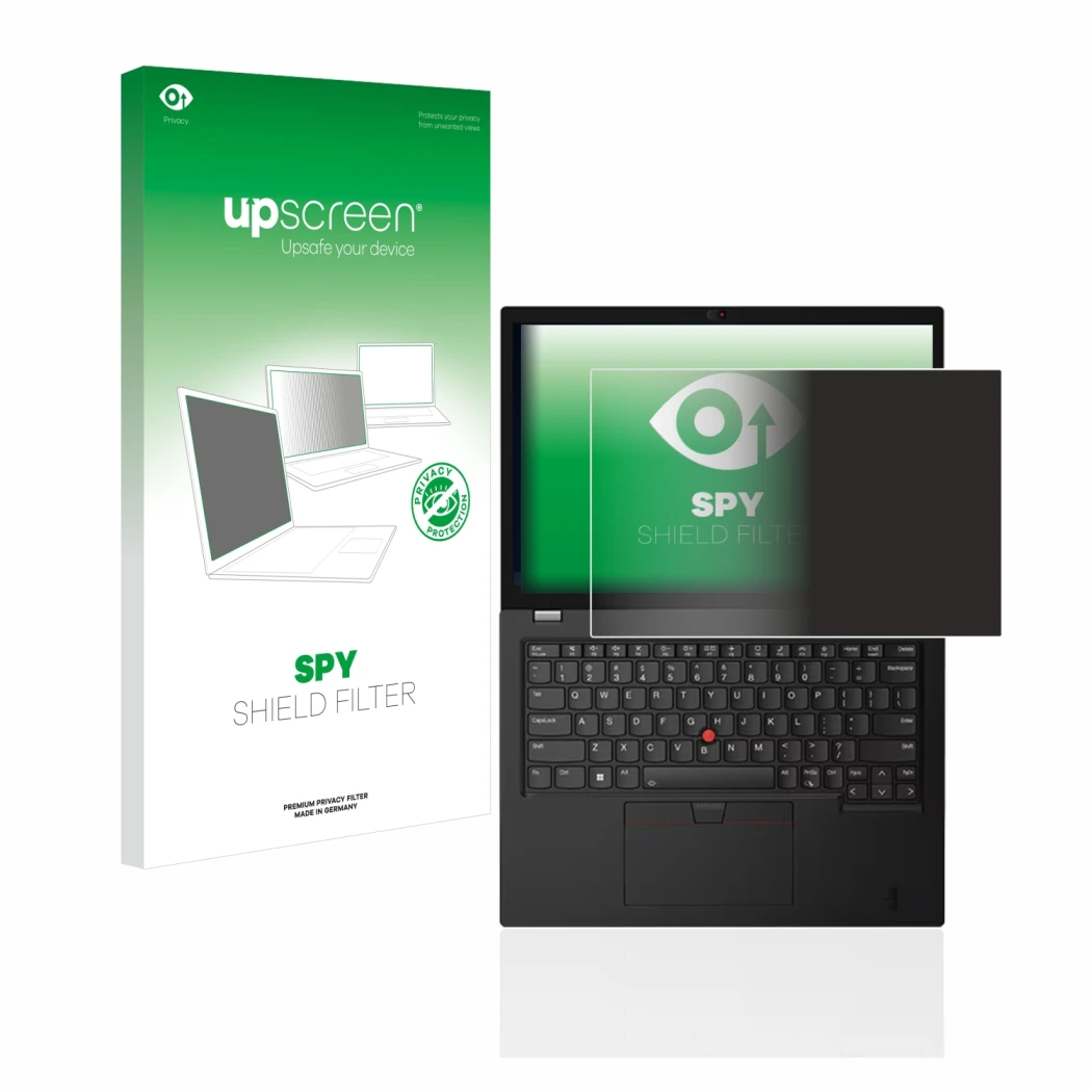Face avant d’un emballage produit avec le logo de la marque upscreen. À côté, l’appareil Lenovo Thinkpad L13 Gen 3 est représe