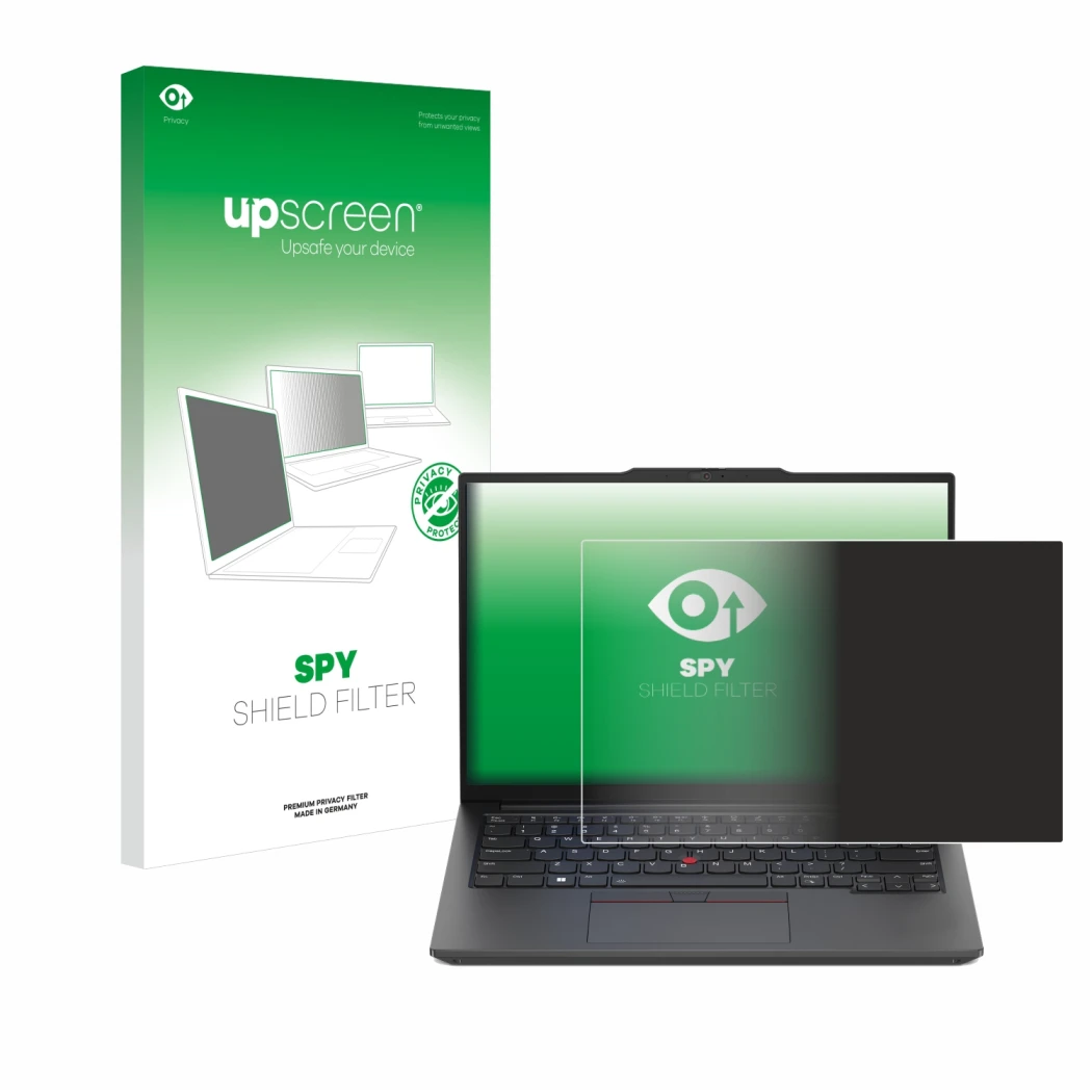 Face avant d’un emballage produit avec le logo de la marque upscreen. À côté, l’appareil Lenovo ThinkPad E14 Gen 5 est représe