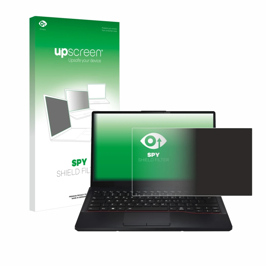 Face avant d’un emballage produit avec le logo de la marque upscreen. À côté, l’appareil Fujitsu Lifebook E5412 est représenté