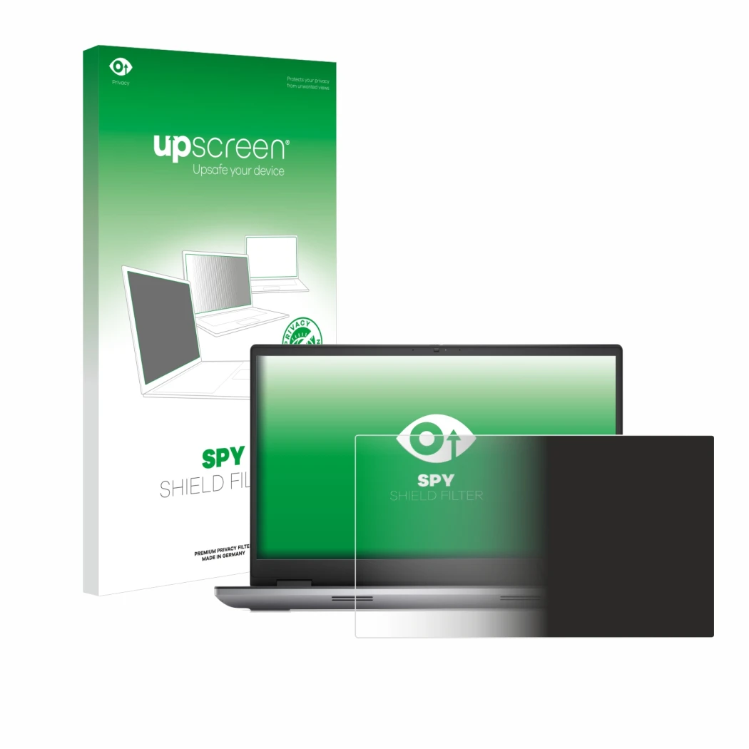 Face avant d’un emballage produit avec le logo de la marque upscreen. À côté, l’appareil Dell Precision 7780 est représenté av