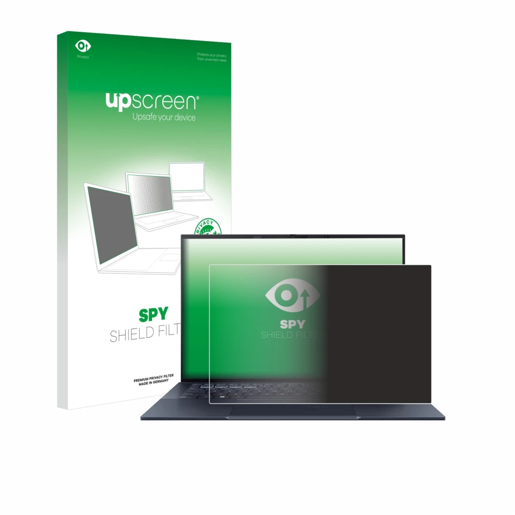 Face avant d’un emballage produit avec le logo de la marque upscreen. À côté, l’appareil ASUS ExpertBook B9 B9403 est représen