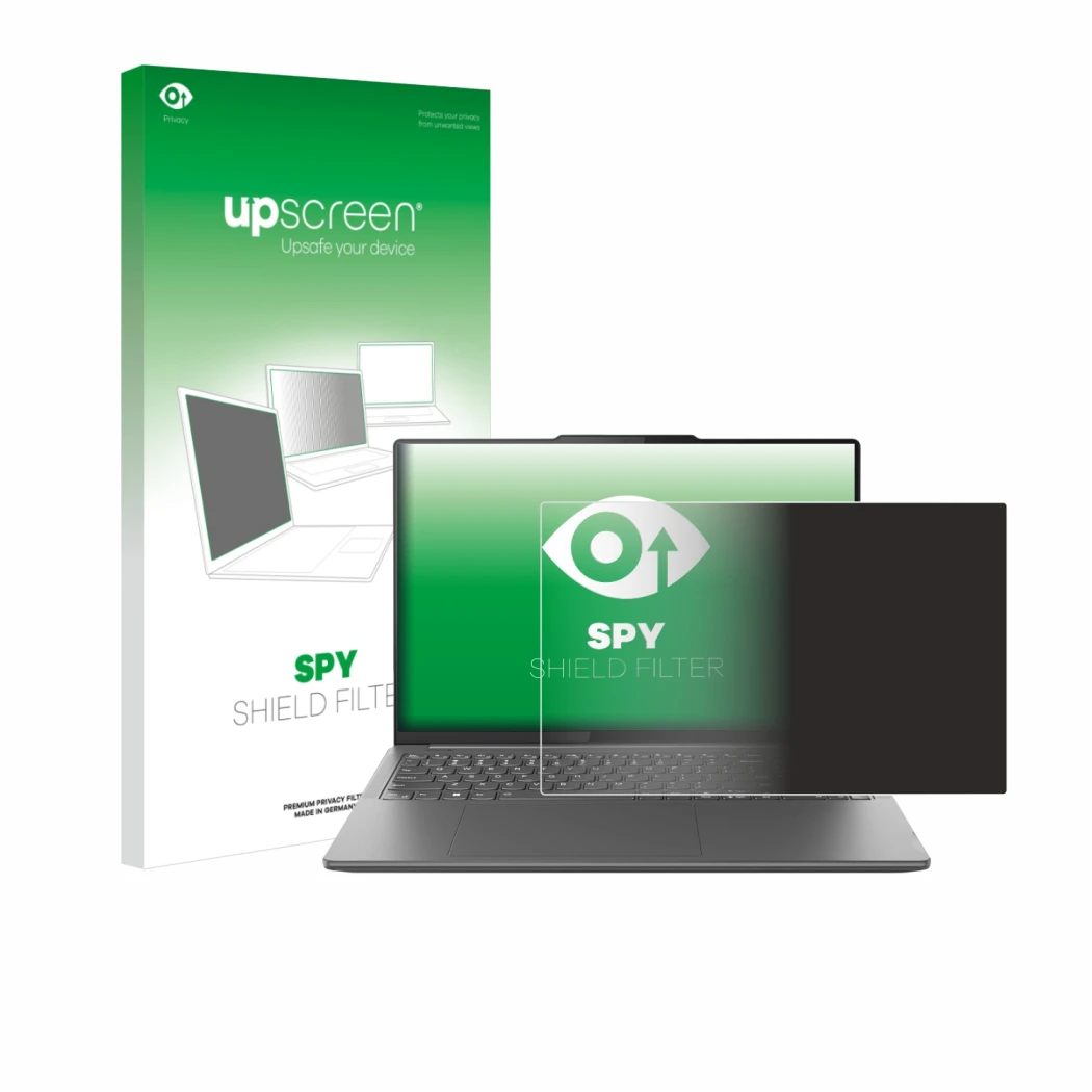 Face avant d’un emballage produit avec le logo de la marque upscreen. À côté, l’appareil Lenovo Yoga Pro 9i Gen 9 16