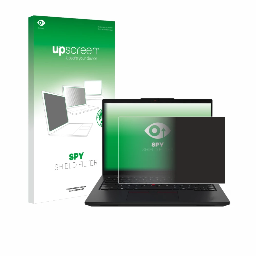 Face avant d’un emballage produit avec le logo de la marque upscreen. À côté, l’appareil Lenovo ThinkPad L14 Gen 5 est représe