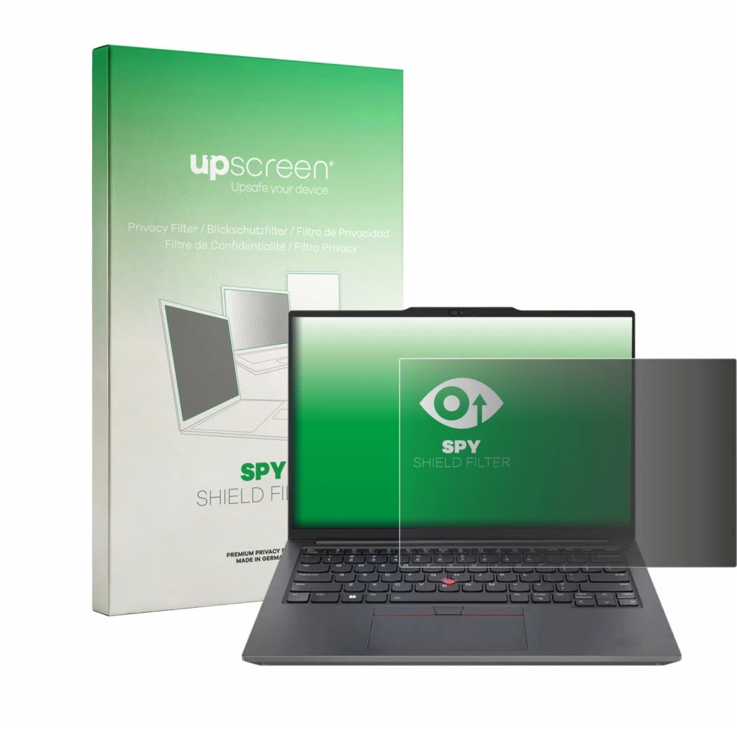 Face avant d’un emballage produit avec le logo de la marque upscreen. À côté, l’appareil Lenovo ThinkPad E14 Gen 6 est représe