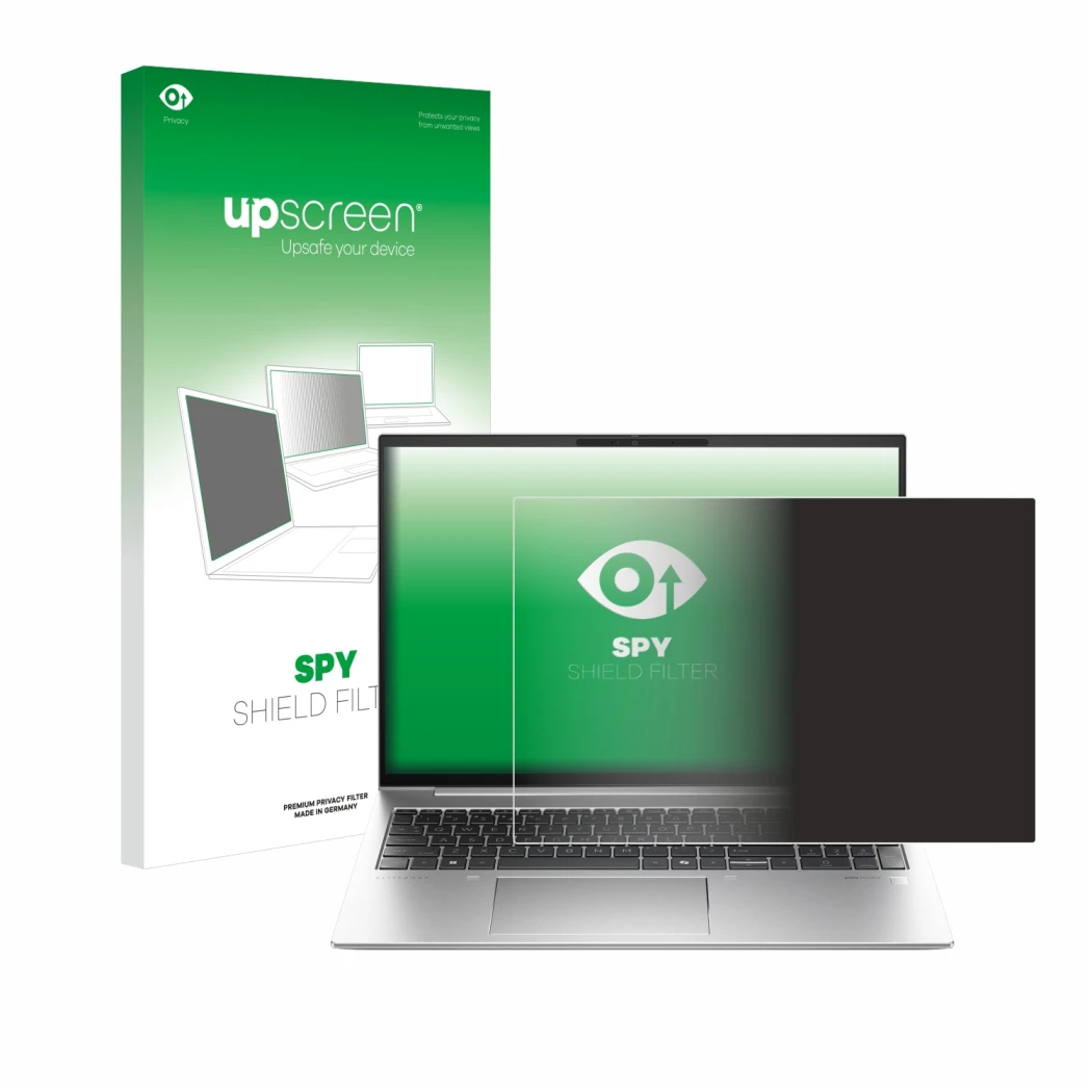 Face avant d’un emballage produit avec le logo de la marque upscreen. À côté, l’appareil HP EliteBook 840 G11 est représenté a