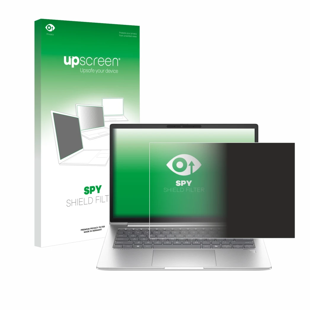 Face avant d’un emballage produit avec le logo de la marque upscreen. À côté, l’appareil HP EliteBook 660 G11 est représenté a